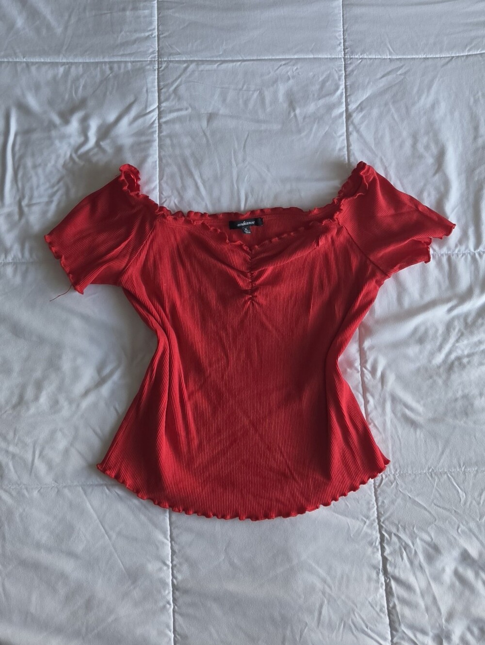 Ambiance Bright Red Ruffle-Trim Off-Shoulder Crop Top